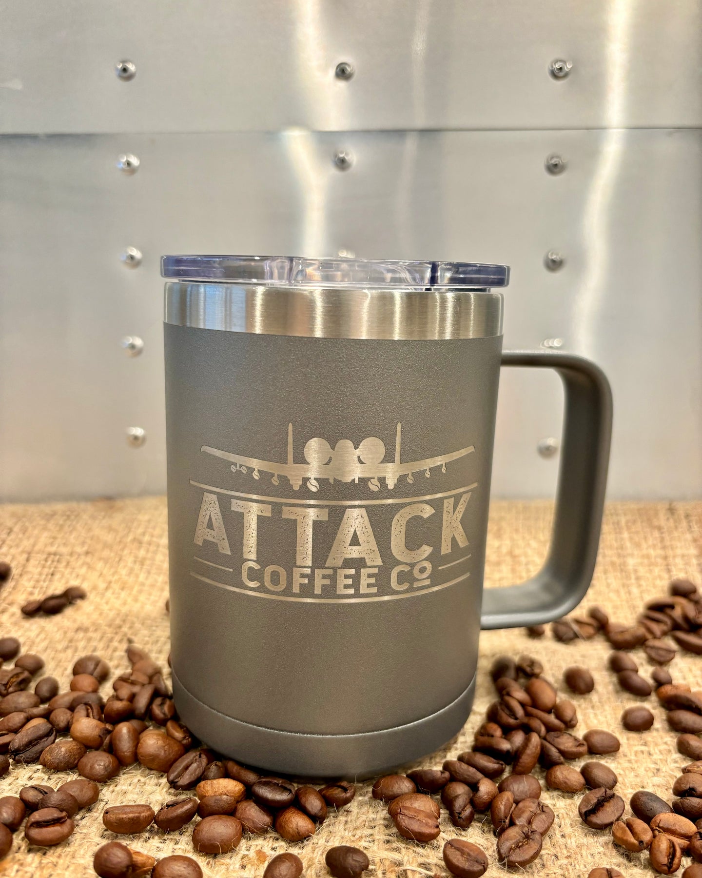 Attack Coffee 15oz Polar Camel Coffee Mug with slide lid (grey)