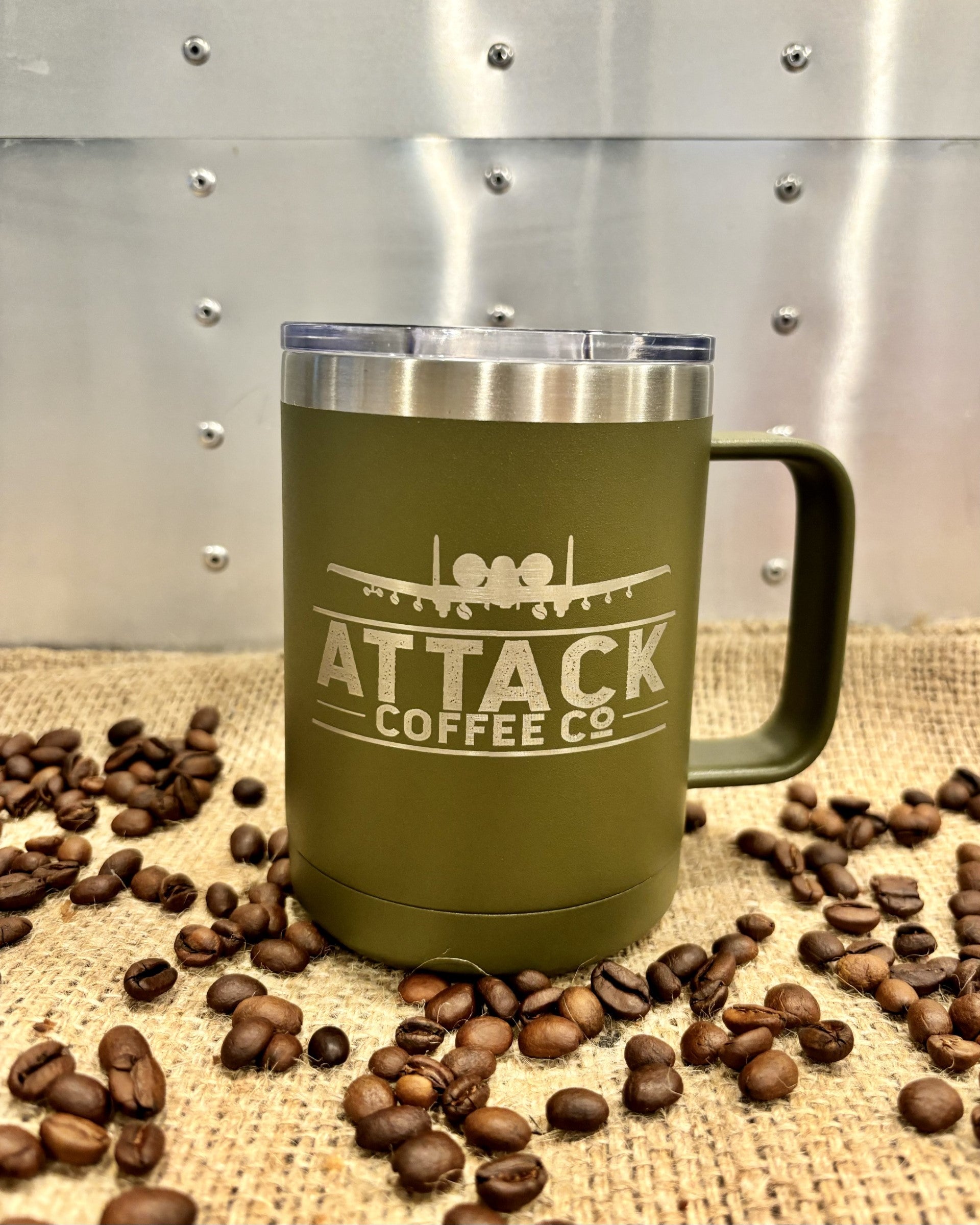 Attack Coffee 15oz Polar Camel Coffee Mug with slide lid (Olive Green